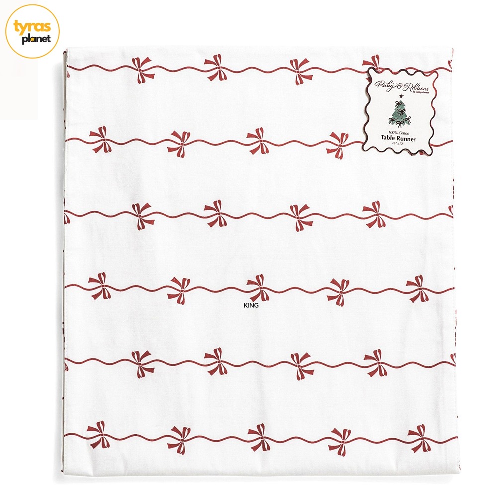 INDIGO HOME INC Wavy Ditsy Red Bow Table Runner 16x72 Holiday Cotton White Red